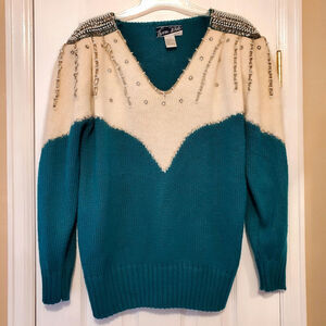 Sz Lg 80s VANNA WHITE Vintage Teal/Cream Mohair Jeweled V-neck Puff Slv Sweater
